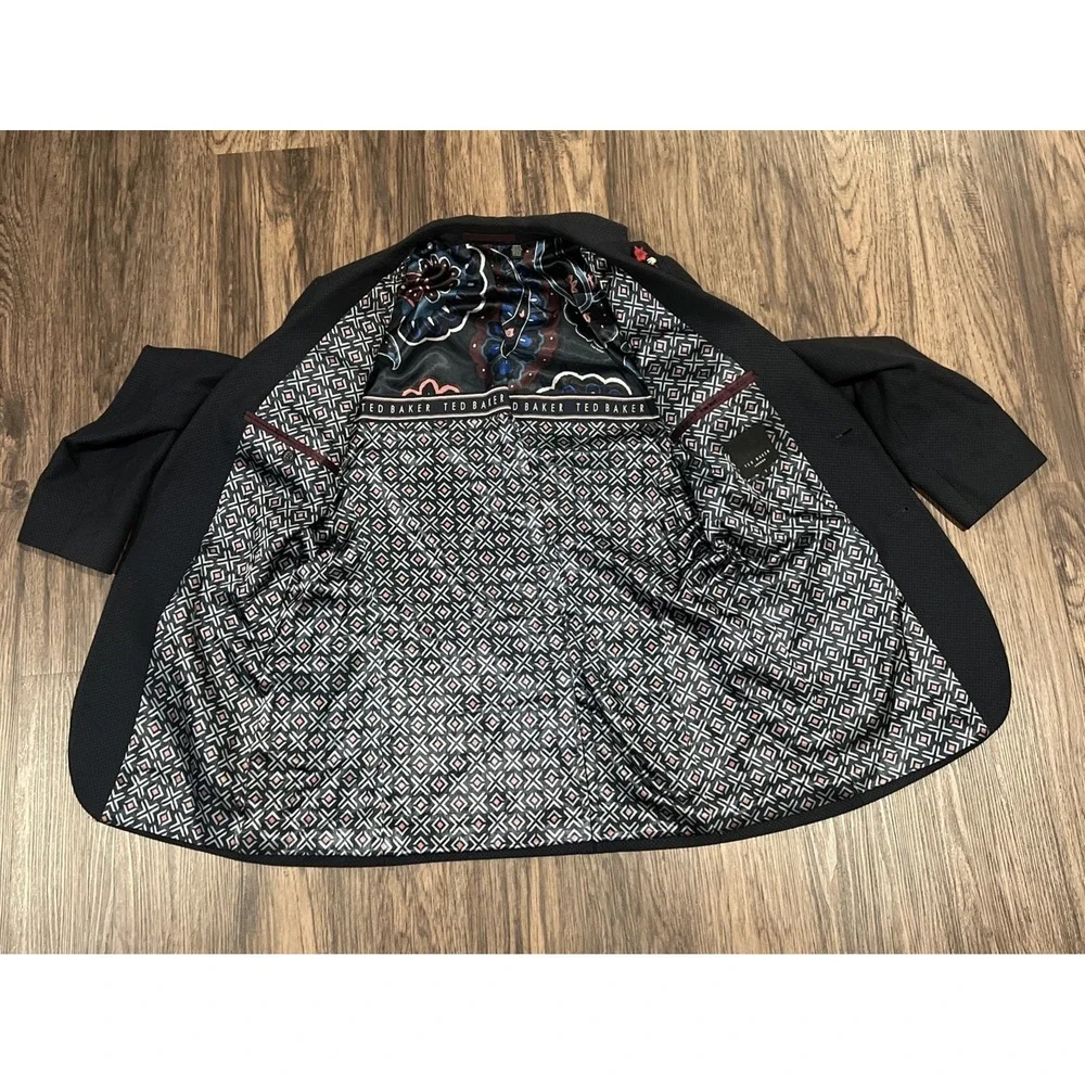 Ted Baker London Linen Herringbone Jacket Size 3 Navy Gray 2 Button Blazer